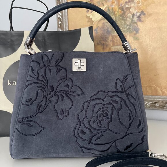 NWT KATE SPADE Phoebe Suede Embroidered Medium Top Handle Bag In Blazer Blue - Picture 1 of 6